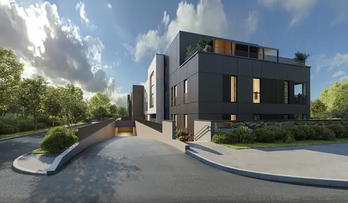 Moderne bygg med innkjøring til garasje