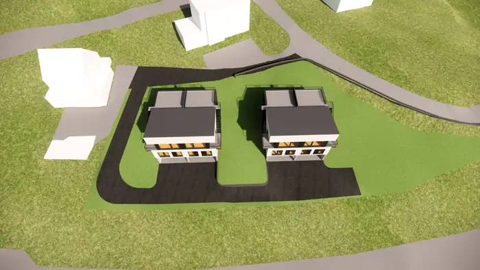 3D-modell av tomten med de to husene