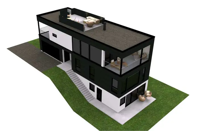 3D-modell av et svart og hvitt hus i tre plan med takterrasse