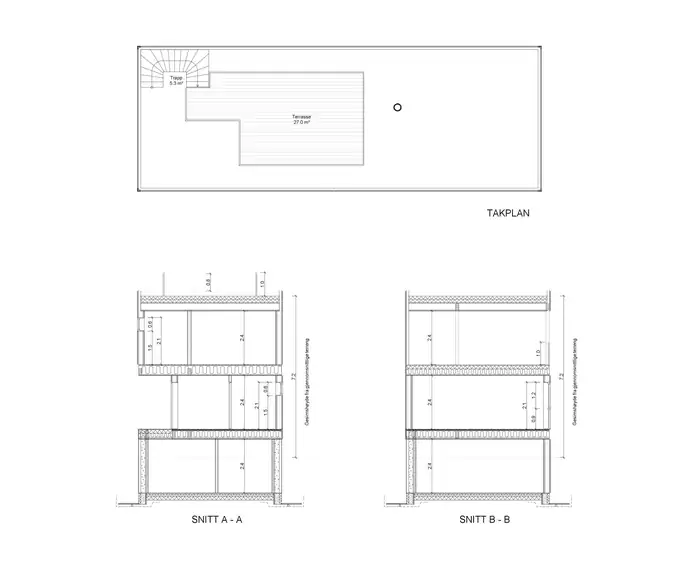 Takplan og to snitt av huset