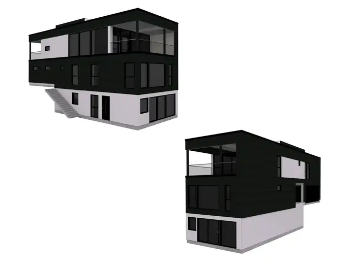 Huset sett fra to sider i 3D